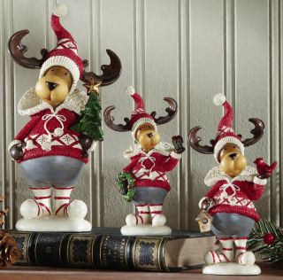 Set 3 Alpine Reindeer Sculptures Red White Sweaters Hats Christmas New 