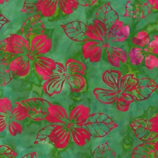 Pink Dogwood Blossoms on Green Cotton Batik Fabric