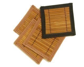 Set of 4 Brown Bamboo Coasters w Black Edge Trim 4x4