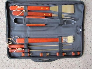 10 Grilling Tools N Carry Case Wood Handles Barbecue