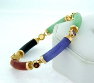 Beautiful Solid 14k Yellow Gold Multi Colored Jade and Gemstone 