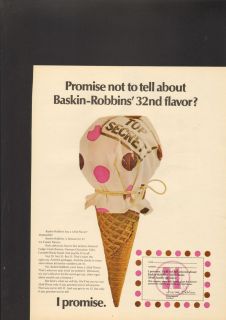 1970 Print Ad Baskin Robbins Top Secret Flavor Promise Cone Ice Cream 
