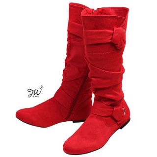 Womens Mid Calf Slouchy Knee Boots Cute Faux Suede Round Toe Low Heel 