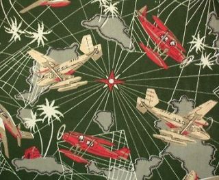 Green Aviation Vintage Airplanes Seaplanes Pilots Sewing Cotton Fabric 