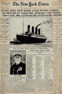 Titanic Sinks   New York Times front page   Titanic newspaper poster