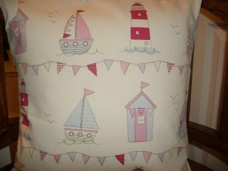 CUSHION COVER BOAT LIGHTHOUSE BUNTING BEACH HUT SEASIDE PINK LILAC 