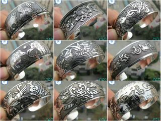 China Tibetan Tibet Silver Carved Totem Retro Lucky Cuff Bangle 