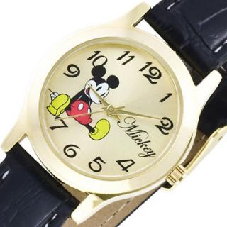 New DISNEY Mickey Mouse Ladies Kids Watch Black Leather Band GENTLY 