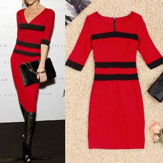 Fashion Women Career V Neck stripe zipper Back pencil dress 6D523 Red 
