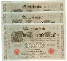 GERMANY REICHSBANKNOTE 3 X 1000 MARK 1910 UNC CONSECUTIVE NUMBERS