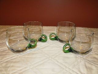 Vtg. 4 Hand Blown Green Handle 6oz Punch/ Juice/ Cordial Glass Cups