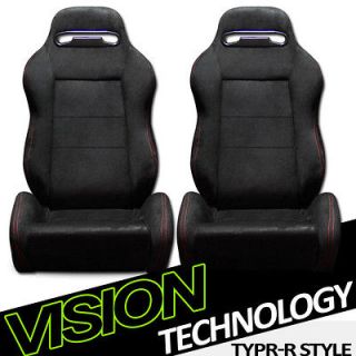 2x T R Type Simulated Suede Blk & Red Stitch Reclinable Racing Seats 