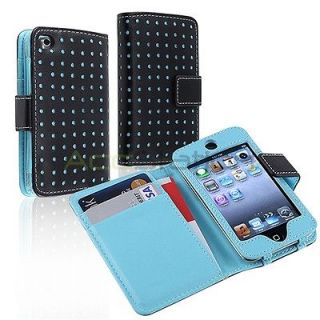 NEW BLUE DOT LEATHER WALLET CASE SKIN COVER POUCH FOR IPOD TOUCH 4TH 4 