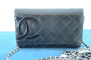 CHANEL 2011 CAMBON BLACK QUILTED GLAZED LAMBSKIN WALLET ON CHAIN WOC 