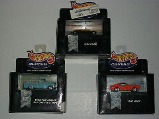 Hot Wheels Collectibles Bundle 1934 Ford, 1958 Chevrolet Apache,1969 