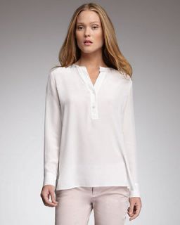   Henley Split Neckline Long Sleeve White Silk Blouse Top $255+++ DEAL