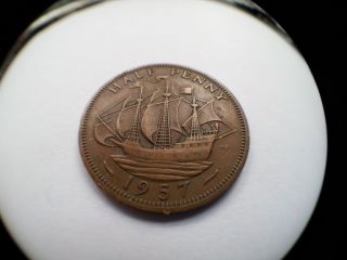 Elizabeth II Half Penny Calm Sea 1957 Rare (1519)