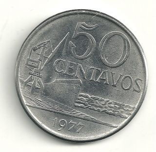 VERY NICE LUSTER HIGH GRADE 1977 BRAZILIAN BRAZIL 50 CENTAVOS COIN