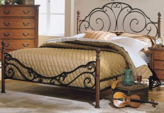 High Profile Bronze and Wood Queen Sleigh Bed Frame w Iron Scrollwork