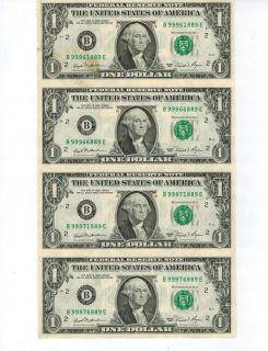 1981 B $1.00 FEDERAL RESERVE NOTES UNCUT SHEET OF 4 Stain