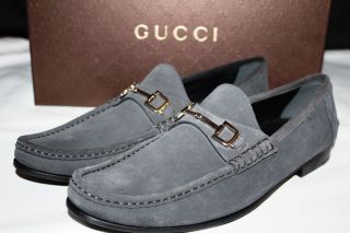 NIB MENS GUCCI SUEDE GRAY LEATHER LOAFER SHOES SIZE 10.5 MADE ITALY 