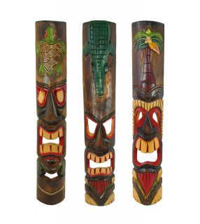Set of 3 Handcrafted Wooden 39 in Polynesian Tiki Masks