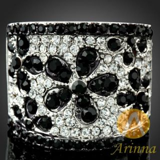 ARINNA Black Flower Alluring Fashion Ring 18K WGP Multi Swarovski 
