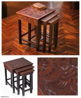 PARADISE 3 Wood & HAND TOOLED Leather End ACCENT Tables Novica ART