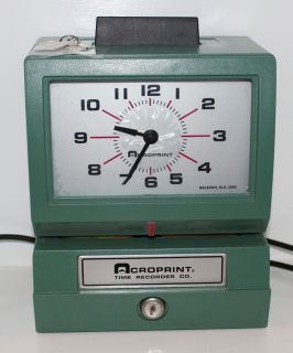 Acroprint 125NR4 Time Recorder Clock w 2 Boxes Time Cards and Key 