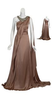 Reem Acra Decadent Mocha Silk Rhinestone Beaded Draped Evening Gown 