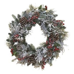 New 24 Christmas Snowy Red Berry Pinecone Winter Snow Wreath 1612570 
