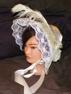 Cream Ivory Satin Sass Victorian Dress Bonnet Civil War Hat Costume 