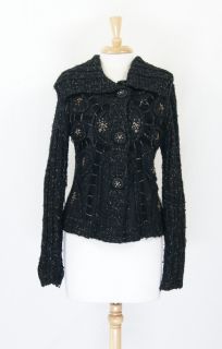 Alberto Makali Black Wool Blend Jeweled Flap Collar Cardigan Sweater s 
