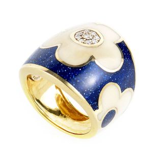 Alessandro Fanfani 18K Yellow Gold Blue Lacquer Diamond Flower Ring 