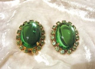 Vintage Rhinestone Jelly Belly Green Clip on Earrings