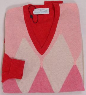 Ballantyne Sweater $1295 Pink Argyle 100 Cashmere Handknit V Neck Med 