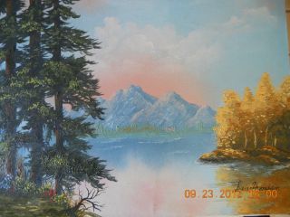 American Folk Art Mountain Scenery Landscape Oil On Canvas Painting 