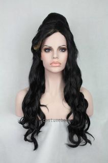 Amy Winehouse Long Black Beehive Wig FREE Tattoos Set of 9 Guidette 