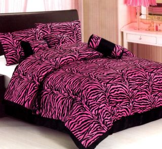   Pink Black Zebra Animal Print Soft Fauxfur Comforter Set Queen