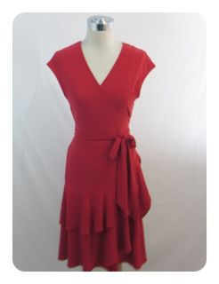 New Jones New York Vermillion Red Cap Sleeve Tiered V Neck Wrap Dress 