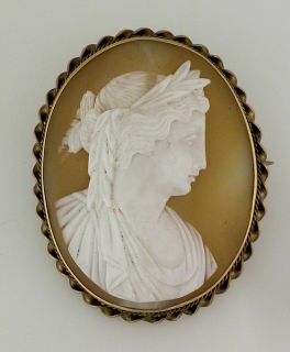 Antique Shell Cameo Brooch Pin Set in 14k Gold