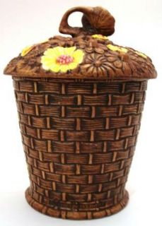 Treasure Craft Vintage Cookie Jar Brown Basket of Flowers Red Yellow 