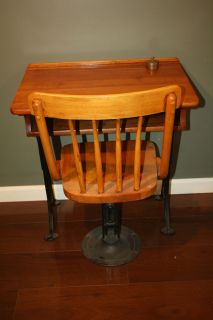 Antique Iron & Wooden School Desk & Chair With Orginal Ink Well