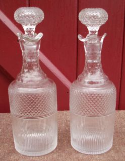 Antique French Cut Glass Crystal Pair Oil Vinegar Cruets Stopper 