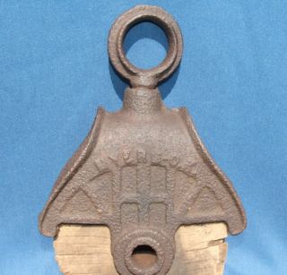 antique myers cast iron wooden barn pulley