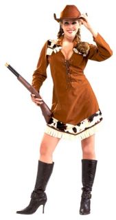 The Annie Oakley dress features brown suede material off  set with cow 