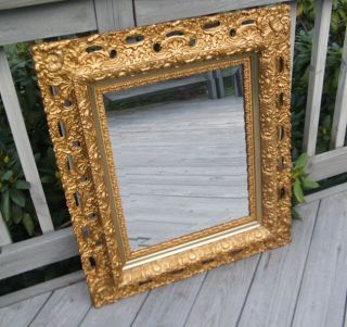 Antique Vintage Carved Gold Old Thick Wood Frame Wall Beveled Mirror 