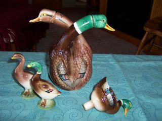 Vintage Pottery Ducks Cruet Oil Vinegar Salt Pepper Set Funnel