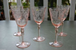 ANTIQUE 5 PIECE FINE PALE PINK DEPRESSION WINE GLASSES ETCHED FLORAL 
