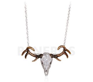 Deer Head Horn Elk Silver Antler Skull Pendant Necklace with Swarovski 